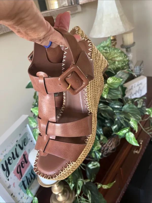 BAMBOO Brown Woven Wedge Espadrille Sandals NEW - Image 3