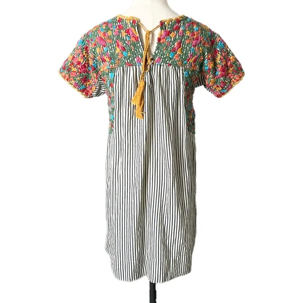 Sister Mary Stripe Marylou Embroidered Floral Boho Mini Dress Navy Blue XS - Image 4