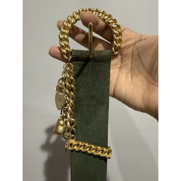 Vintage Dame Belt and Bag Green Suede Leather Belt Size‎ L Womens Genuine 36.5" - Image 7