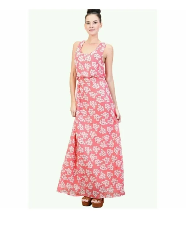 Tulle Coral-Pink Floral Sleeveless Maxi Dress with Waist Tie - Image 4