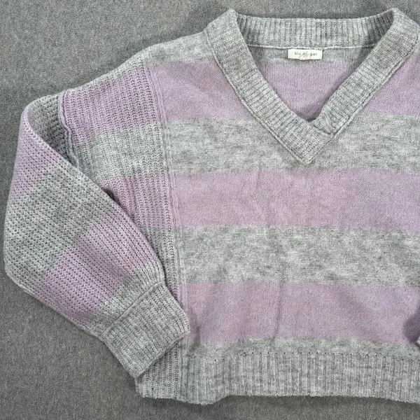Blu Pepper V-Neck Stripe Pullover Sweater Women's Medium Gray/Purple Knit Boxy - Image 2