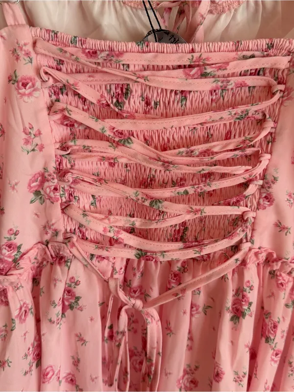 NWT Scarlet Darkness Floral Corset Sundress Pink Milkmaid Mini Dress Large - Image 6