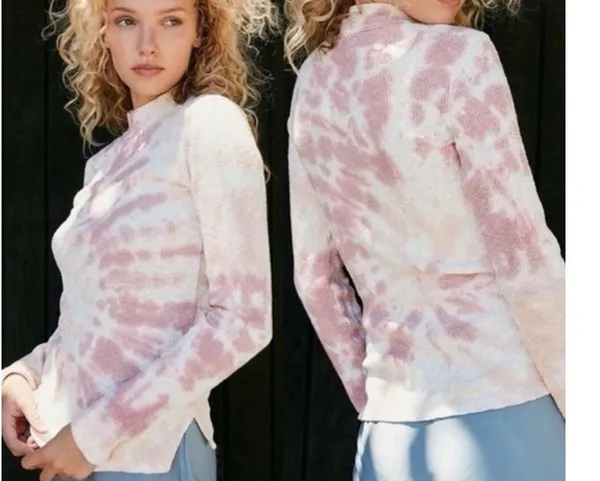 We The Free Free People Swirl Tie Dye Mock Neck Thermal Top L Pink Waffle Knit - Image 2
