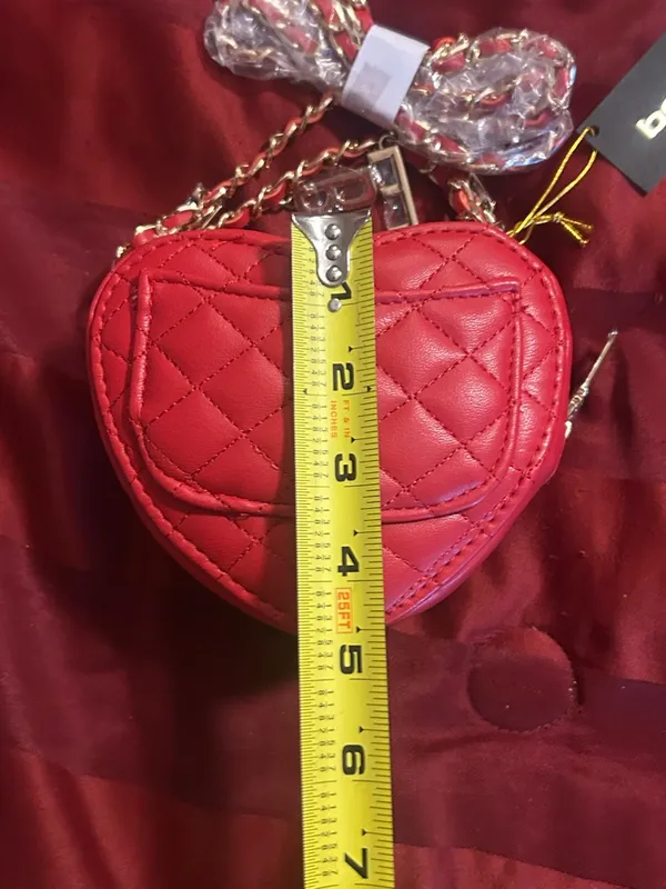 Bebe Red Quilted Heart Crossbody Bag with Gold Chain Charms - Image 11