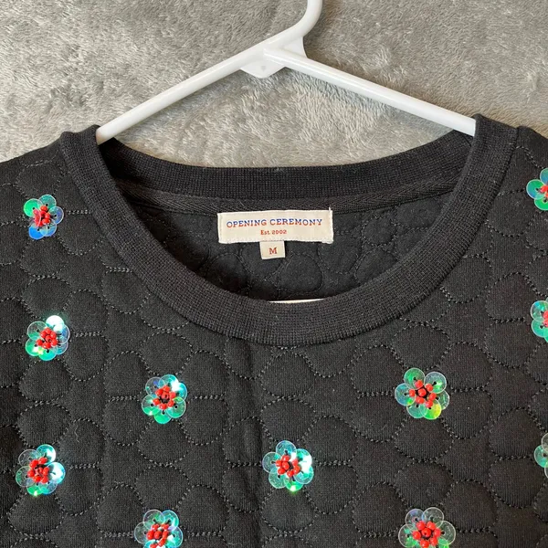Opening Ceremony Sequin And Bead Embellished Sweater‎ Size Medium Black Floral - Image 5