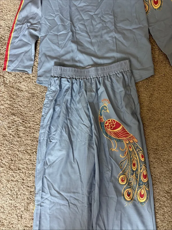 Light Blue Women’s Pajama Set with Peacock Detail / B52 - Image 2