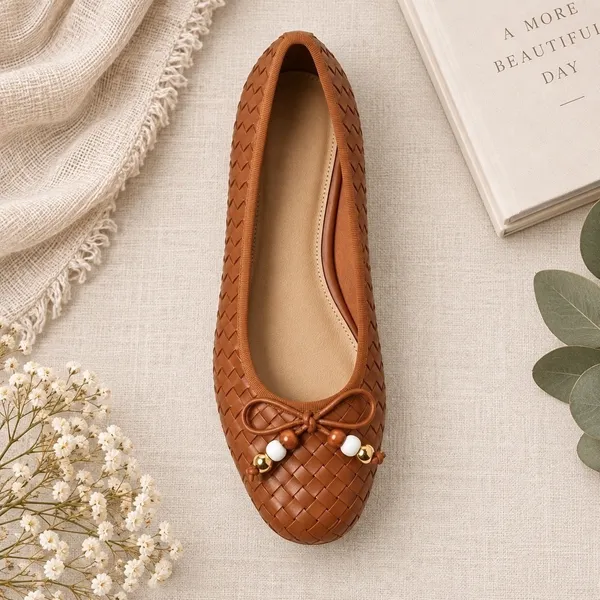Universal Thread Merritt Woven Ballet Flats Cognac Brown Beaded Bow Size 7 - Image 5