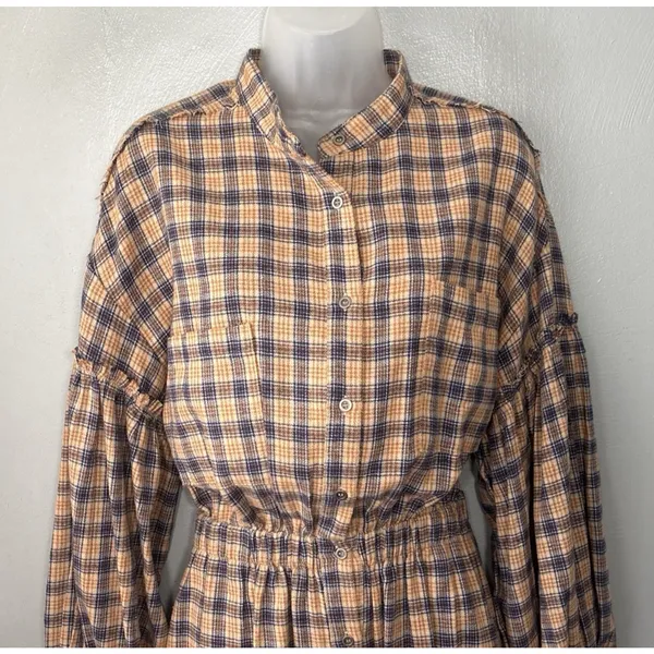 Peach Love Plaid Flannel Shirt Dress Size Small Renaissance Boho Poet Western - Image 2