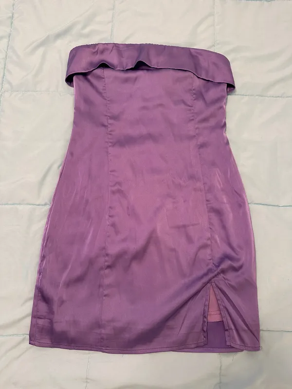 Sky to Moon Lilac Strapless Satin Mini Dress - Image 3