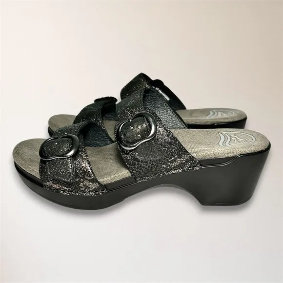 Dansko Womens‎ EU 38 US 7.5-8 Metallic Snake Leather Slide Wedge Sandals Comfort - Image 4