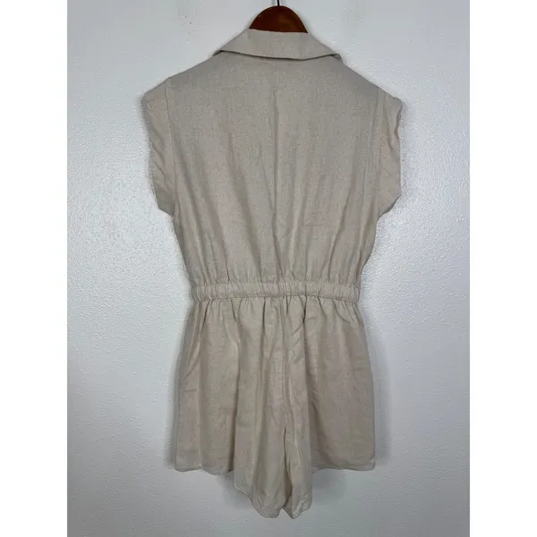 Baltic Born Oatmeal Beige Linen Blend Button Front‎ Romper Small AM2680 - Image 2