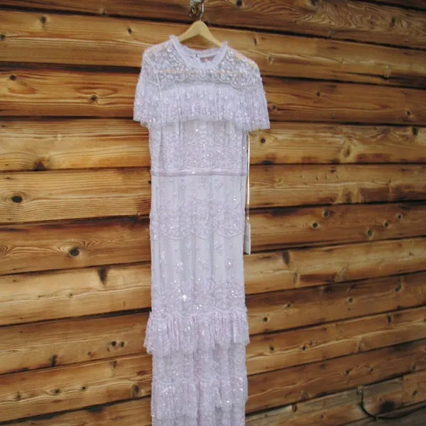 NWT Mac Duggal 9195 Illusion Mesh Overlay Ruffled Long Dress Lilac Size 14 - Image 7