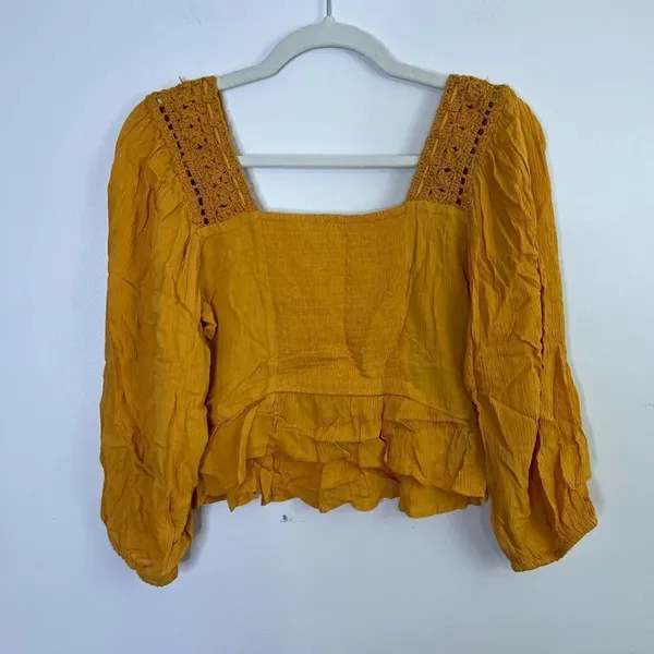 NWT American Eagle Crochet Boho Cropped Ruffle Hem Mustard‎ Yellow Top Blouse - Image 9