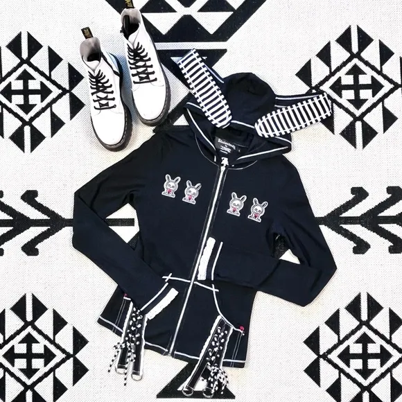 Rare Skelanimals x TRIPP NYC Black Bunny Ears Zip Up Hoodie Size Large - Image 2