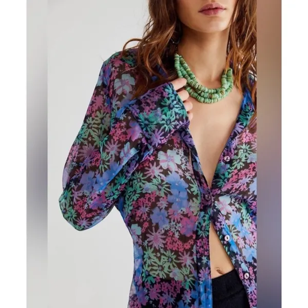Free People Floral Ruched Side Button Down Shirt Purple Blue Small boho whimsi‎ - Image 2