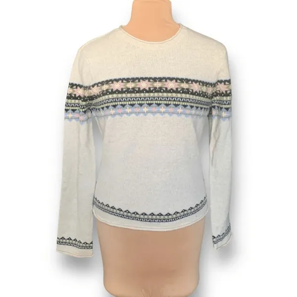Vintage Lucky Brand Sweater Cream Pink Faire Isle Neutral Knit‎ Pullover Cabin - Image 11