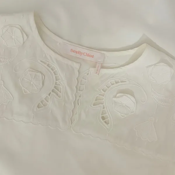 SEE BY CHLOÉ White Embroidered Lace Cutwork Yoked Knit Dress Solid Size Small - Image 10