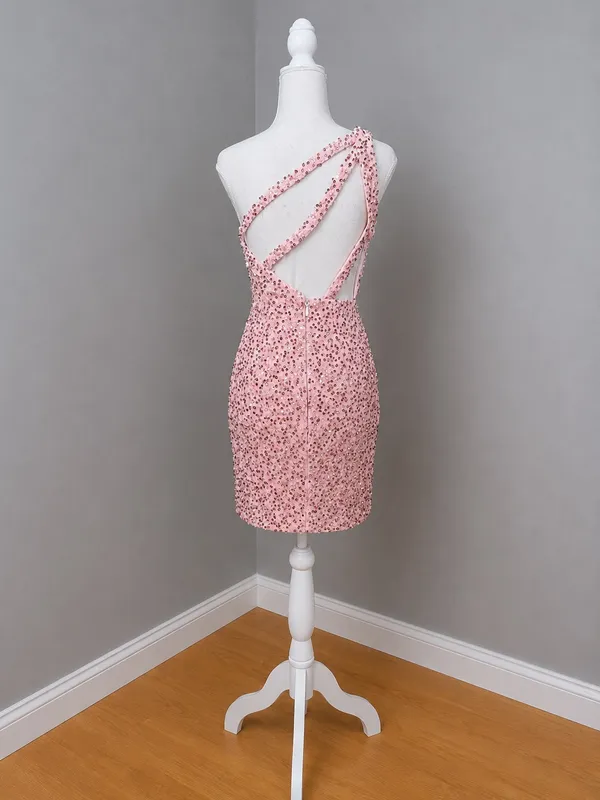 Boutique Pink with Rose Gold Sequins Velvet One-Shoulder Mini Dress - Image 6