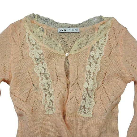 ZARA Peach Pointelle‎ Lace Trim Cropped Cardigan Sweater Delicate Cottagecore - Image 2