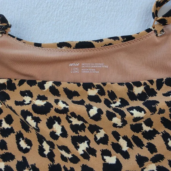 Aerie Leopard Print Wrap One Piece Swimsuit Tan Black Cutout Tie Waist L Long - Image 5