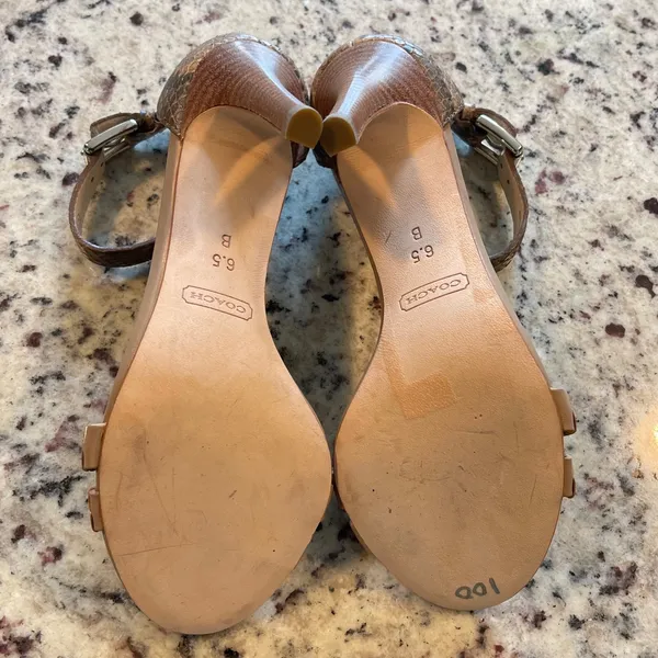 Coach Hally Sandals Womens 6.5 Tan Snakeskin Woven Stiletto Heels A3921 Animal - Image 7