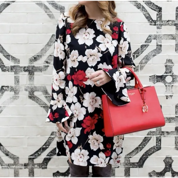 CeCe Womens Floral Mini Dress Size 12 Black Beige Red Long Bell Sleeve Lined - Image 7