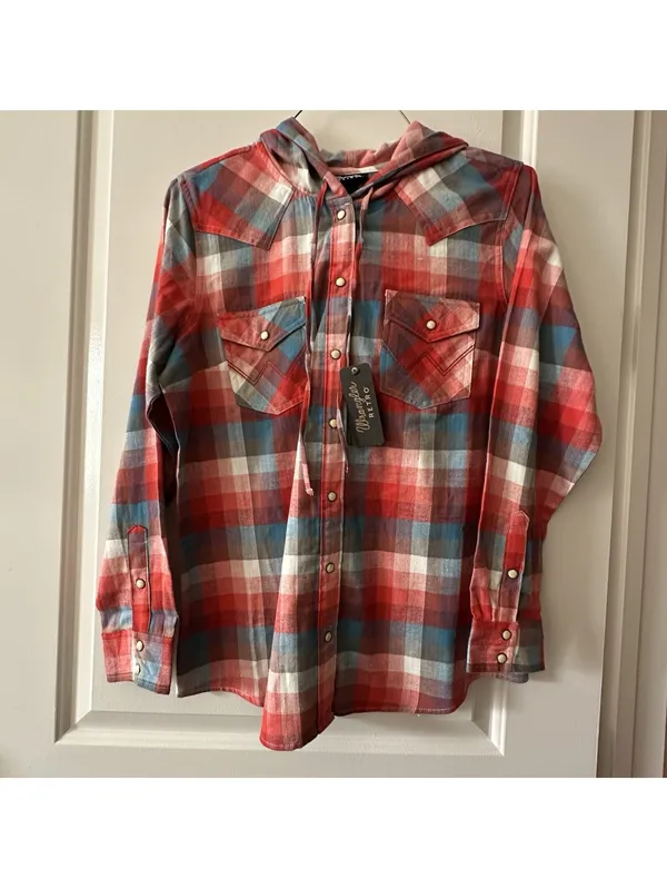 Wrangler Retro Hooded Plaid Western Shirt Snap Front Flannel Hoodie Red L Large - Image 13