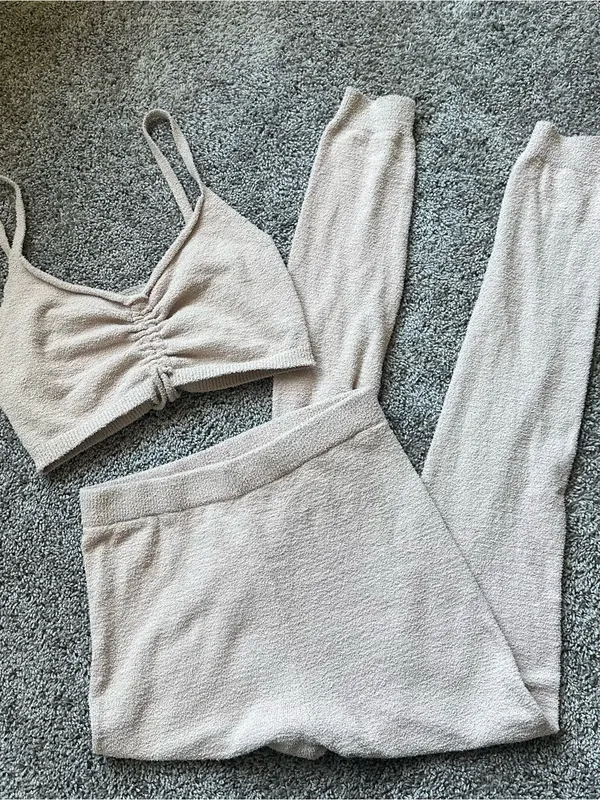 Tic Toc Ruched Knit Two-Piece Loungewear Set in Light Beige - Image 2
