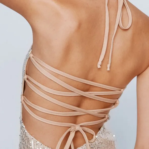 Nasty Gal New Sequin Lace Up Back Midi Dress‎ - Image 4