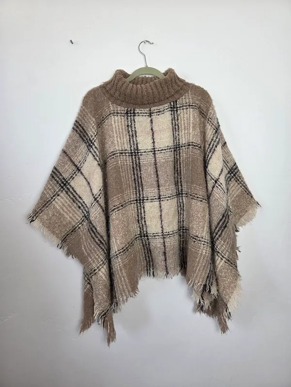 World Market Soft Furry Poncho Shawl Plaid Autumn Academia Fringe Warm Layering - Image 2