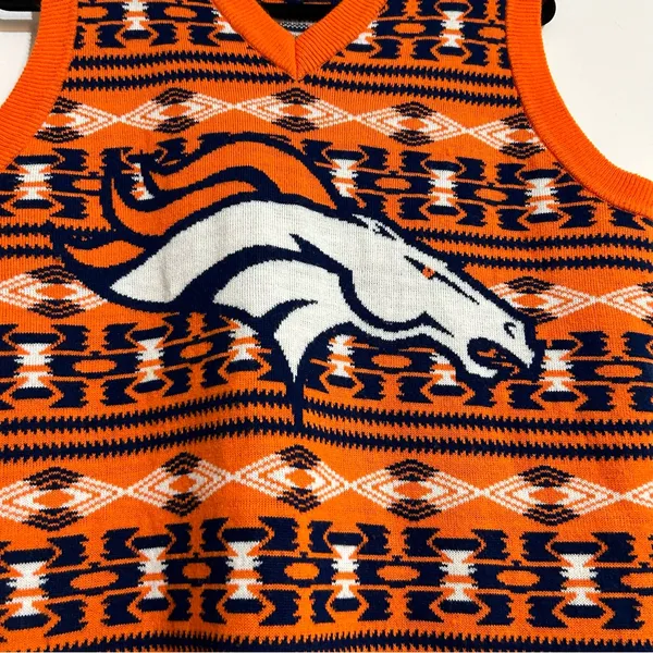 Denver Broncos NFL Aztec Print Orange Sweater Vest Medium Football Fall Preppy - Image 3