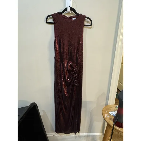 Avec Les Filles Burgundy Sequin-Embellished Crewneck Sleeveless Dress Size 6 - Image 4