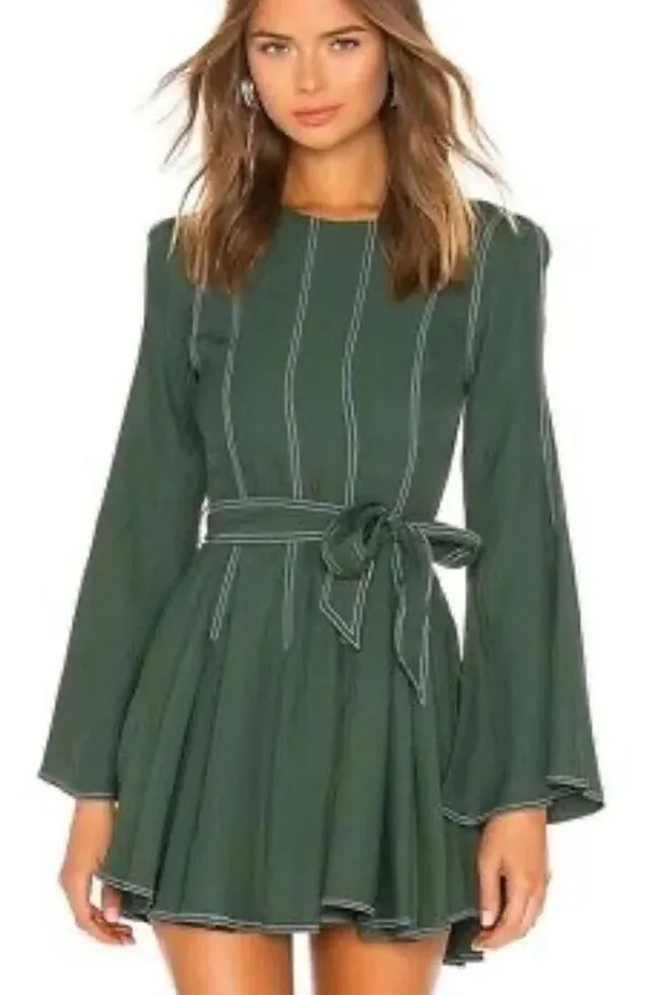 Tularosa Nicole Dress Sycamore Green Pleated Mini Dress Bell Sleeve Size XXS - Image 3