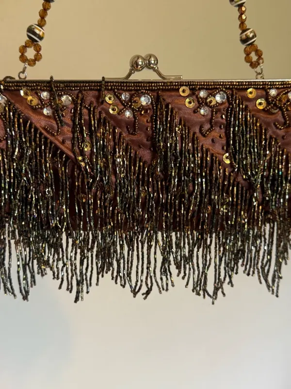 Apt. 9 | Vintage 90s-Y2K Beaded Fringe Evening Clutch Handbag - Brown - Image 4
