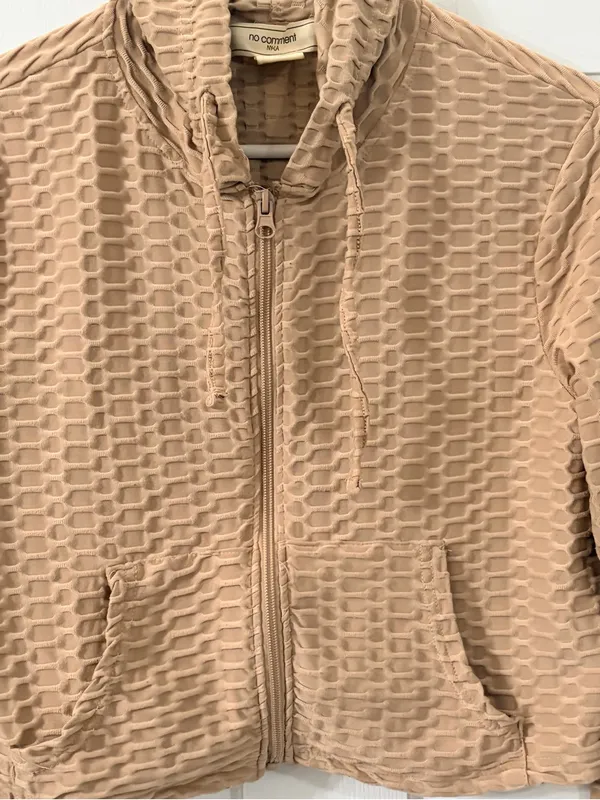 Cropped Tan Textured Zip Hoodie Jacket - Women - Image 2