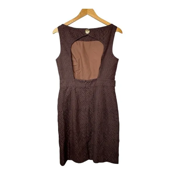Milly Bark Brown Textured Sheath Dress Womens 8 Gold‎ Button Open Back Mod NWT - Image 4