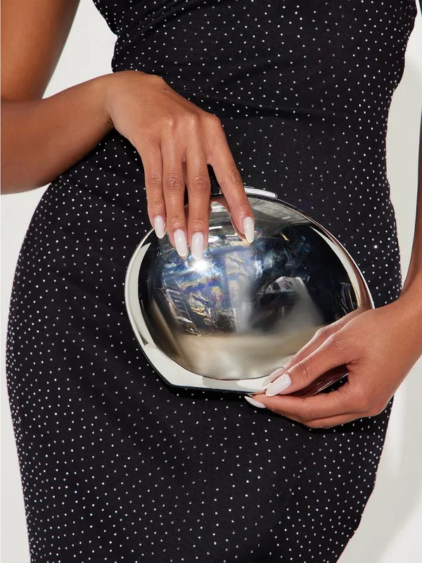 Polished Silver Dome Clutch with Chain Strap - Image 2