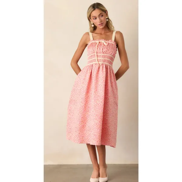 Entro Always A Romantic Coral Floral Jacquard Midi Dress Pockets Size Large‎ - Image 4
