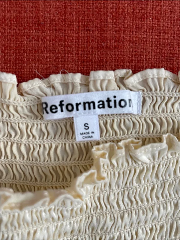 Reformation Chamomile top Smocked Square-Neck Satin puffed Sleeve romantic S - Image 6