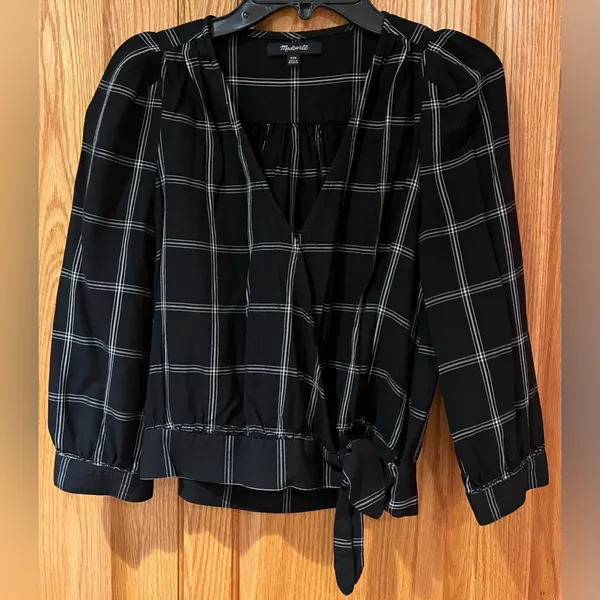 Madewell Viscose Wrap Side Tie Cropped Top in Black & White Windowpane Size XXS‎ - Image 6