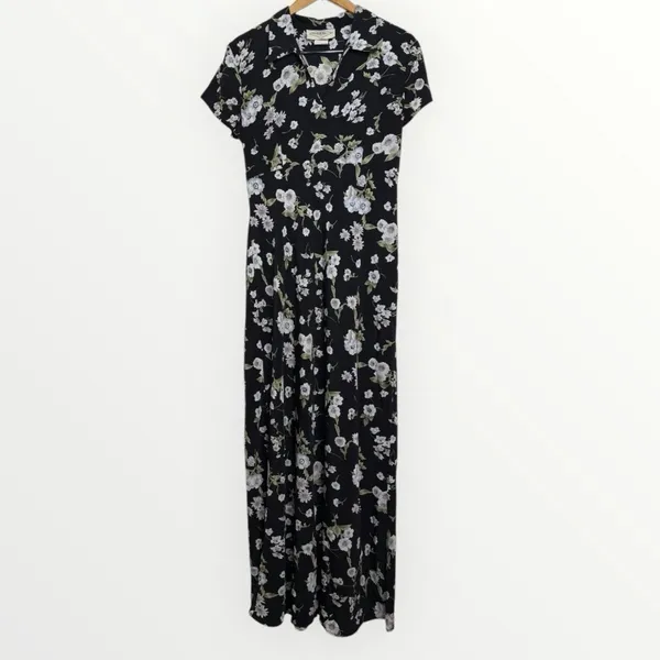 Vintage 90s B Moss Dark Floral Maxi Dress Women’s 13/14 Short Sleeve Collar - Image 13