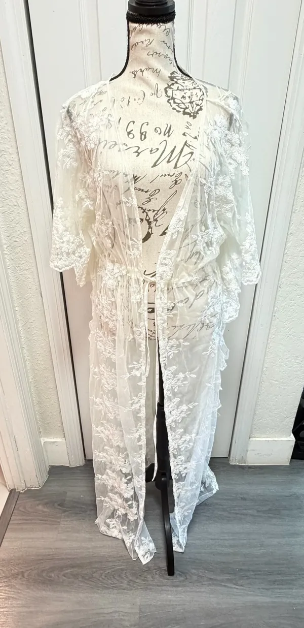 Ark & Co. White Floral Lace Duster Kimono Maxi Swim Cover-Up / Robe - Size S ✨ - Image 6