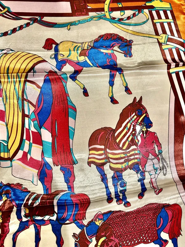 Vintage classic EQUESTRIAN horses PRINT ORANGE/ off white SQUAR SILK SCARF 35/35 - Image 16
