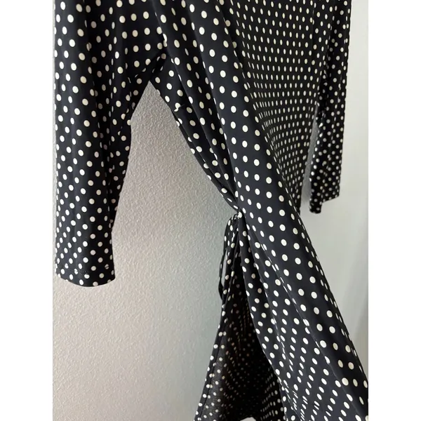 BCBGMAXAZRIA Polka Dot Wrap Dress Black White‎ 3/4 Sleeve Ruffle Hem Large - Image 9
