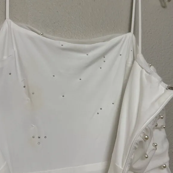 NEW Lulus Toast to Romance White Ruched Pearl Bodycon Midi Dress Sz LARGE - Image 14