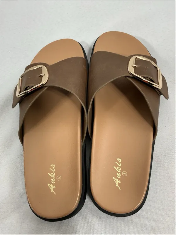Womans New Ankis Slip On Slides Size 8 Brown Buckle Band Low Heel - Image 3