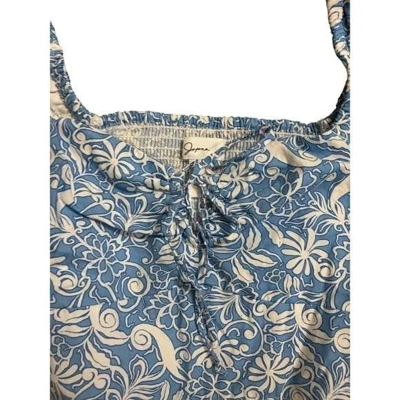 Japna Blue‎ White Floral Smocked Square Neck Crop Top Puff Sleeve Tie Front Sz M - Image 2