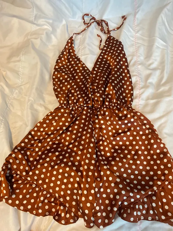 polka dot halter neck romper play suit in burnt orange - Image 5