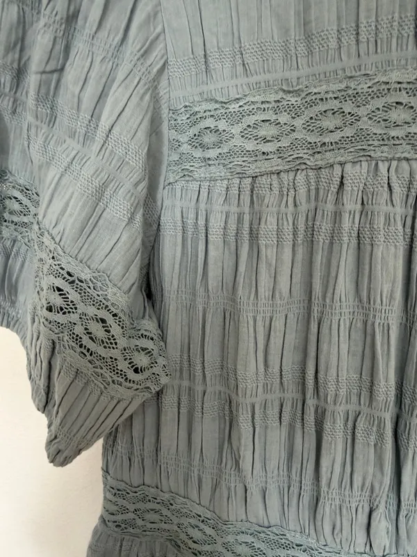 Polagram Dusty Blue Textured Puff-Sleeve Midi Dress with Lace Trim - Image 4