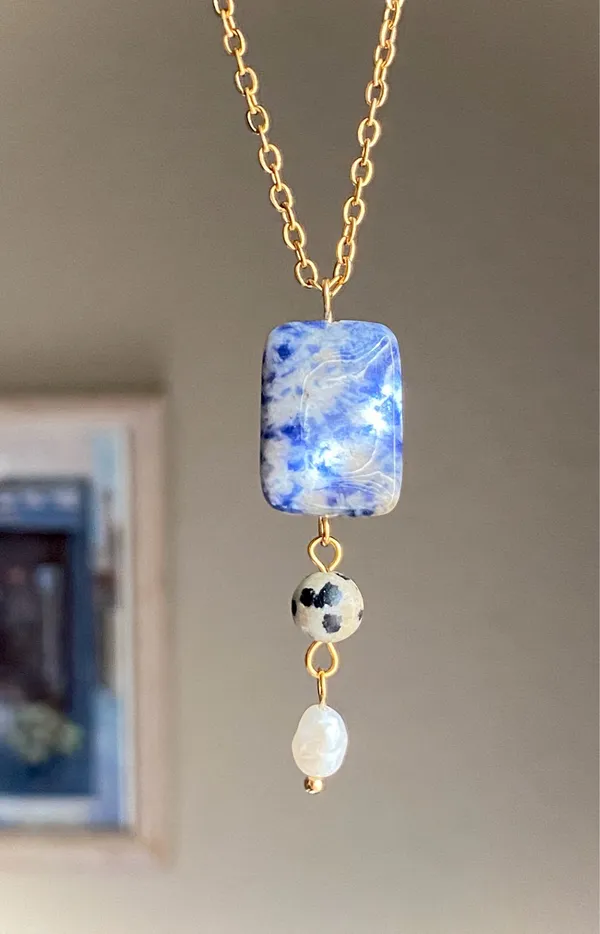 Handmade gem stones & freshwater pearl boho statement necklace🌀💙 - Image 6